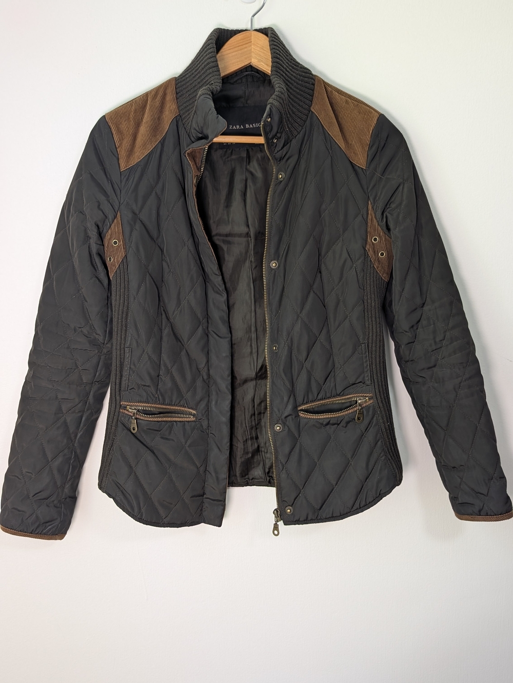 Zara Quilted Jacket Women XS Dark Green Corduroy Trim Ribbed Knit Puffer